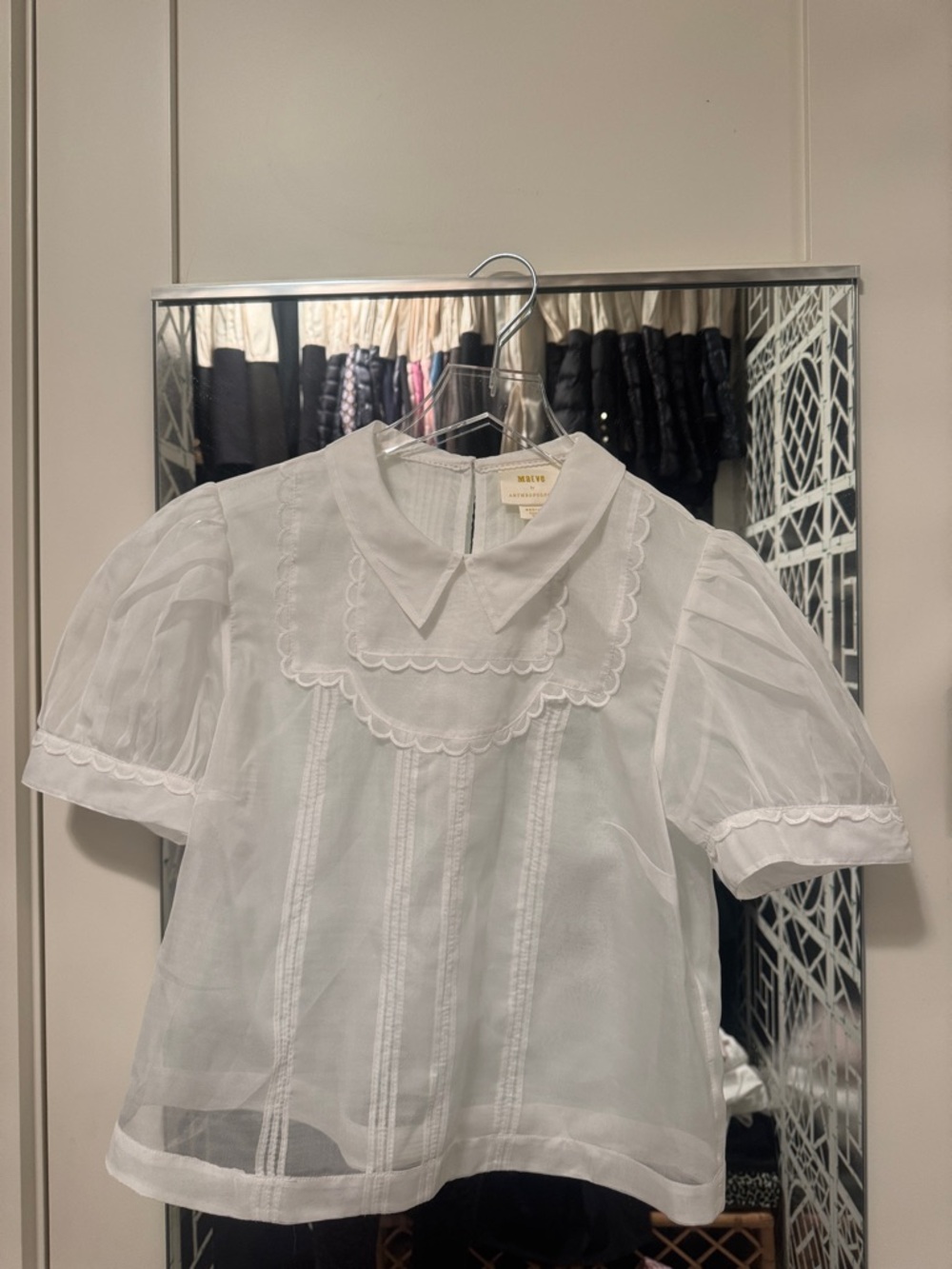 Maeve White Sheer Scalloped Bib Blouse